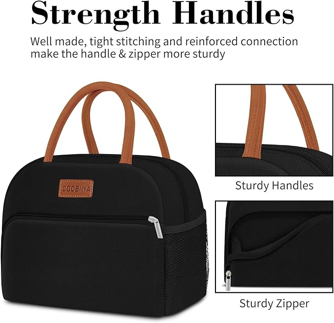Coobiiya Lunch Box Lunch Bag for Women Adults Men, Reusable Cute Lunch Pail bag - Leakproof, Insulated Lunch Box Tote with Large Capacity, Cooler Lunch Container for Work/Travel/Office (Black)