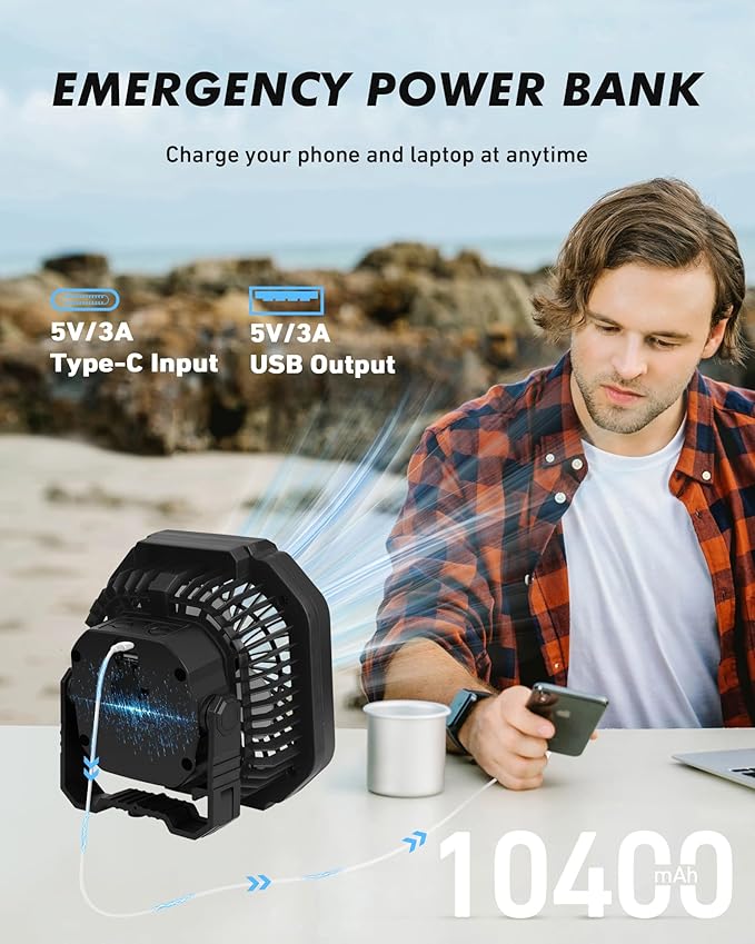 Portable Camping Fan with LED Light, 7800mAh Rechargeable Battery Operated Fan Lantern with Hook & Remote, USB Fan for Tent RV Hurricane Outages Emergency