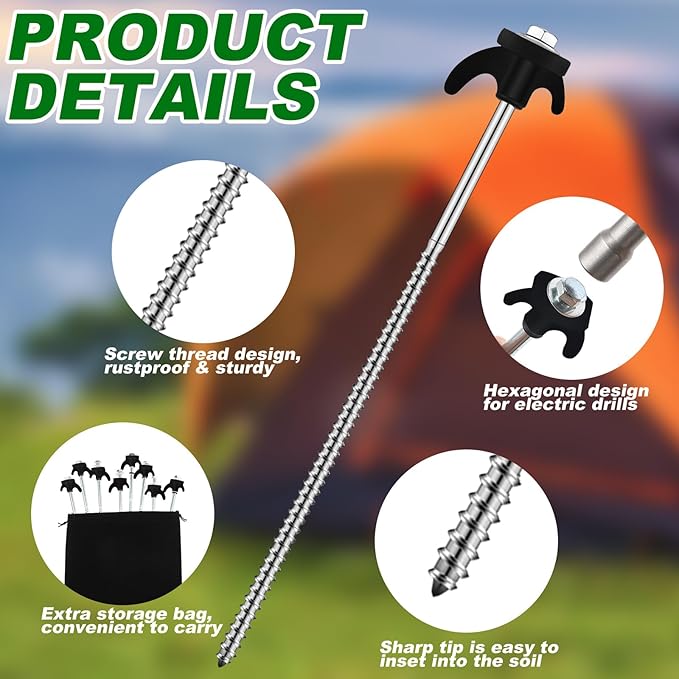 JaGely 20 Pcs 12 Inch Screw in Tent Stakes Heavy Duty Ground Anchors Metal Threaded Tent Spikes Camping Stake Screw in Tent Pegs Screw with Hex Head Driver for Camping Travel Decor Outdoor (Black)