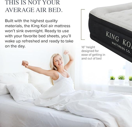 King Koil Luxury California King Air Mattress with Built-in High-Speed Patented Pump for Home, Camping & Guests- 16in Inflatable Double High Airbed Blow Up Bed, Waterproof, 1 Year Warranty