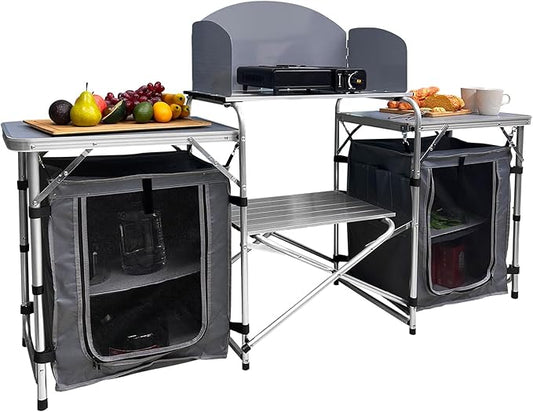 Camping Kitchen Table, Portable Aluminum Outdoor Cooking Station with 2 Storage Cupboards & Carrying Bag, Outdoor Cooking Table for BBQ Beach RV Traveling Picnic (Silver)