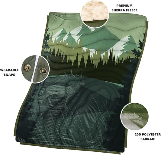 Outdoor Camping Blanket with Sherpa Lining, Extra Warm Thick Camp Blankets & Puffy Ultralight Soft Poncho DWR Camping Quilt for Cold Weather, Adventure,Sleeping,Backpacking 78"x 56"