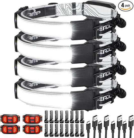 LED Headlamp Flashlight, 1000L 230° Broadbeam Headlight, USB C Rechargeable Head Lamp with Red Taillight, Lightweight Waterproof Headlamps for Camping Running Hiking, Hard Hat Headlamp 4Packs