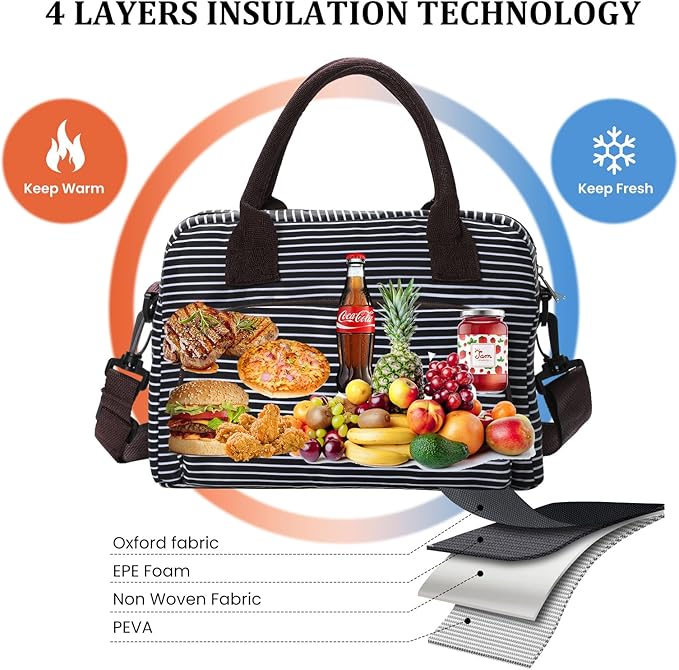 Lunch Bag for Women Men Insulated Reusable Large Lunch Box Adult Striped Leakproof Portable Cooler Tote Bags for Work Picnic