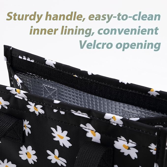 TELLUMO Lunch bag, Insulated Lunch Bag for Women Men Large Lunch Box Container Reusable Leakproof Tote for Office, Work, School, Beach or Travel (Black Daisy)