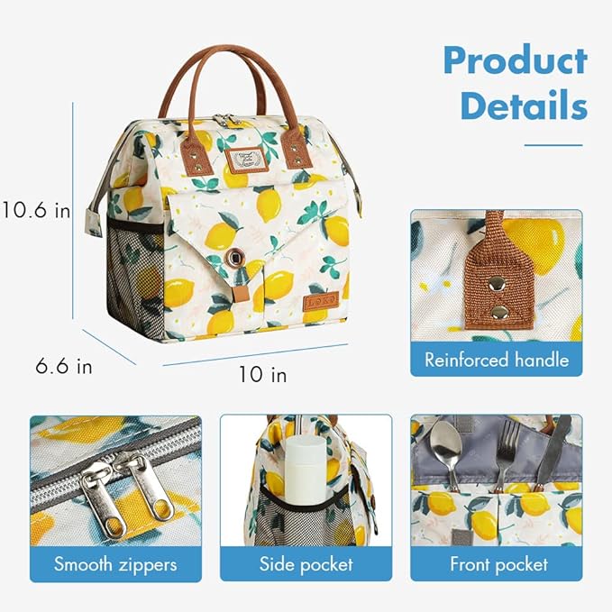 Lekesky Lunch Bags for Women Insulated Thermal Lunch Tote Bag Durable Large Lunch Box Container Drinks Holder for Adults Work College Picnic Beach Park, Lemon