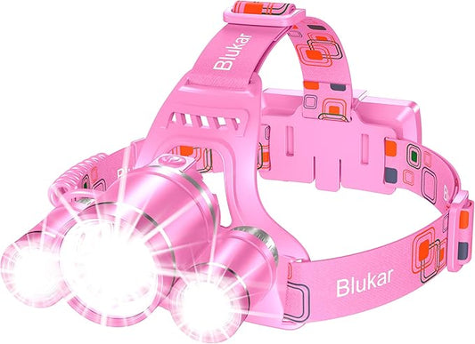 LED Headlamp, 8000L Super Bright Rechargeable Headlight Flashlight - 3 Lights 5 Modes,Zoomable,Spotlight&Floodlight Combination, IPX6 Waterproof, 20+Hrs Runtime for Running,Hiking etc-Pink