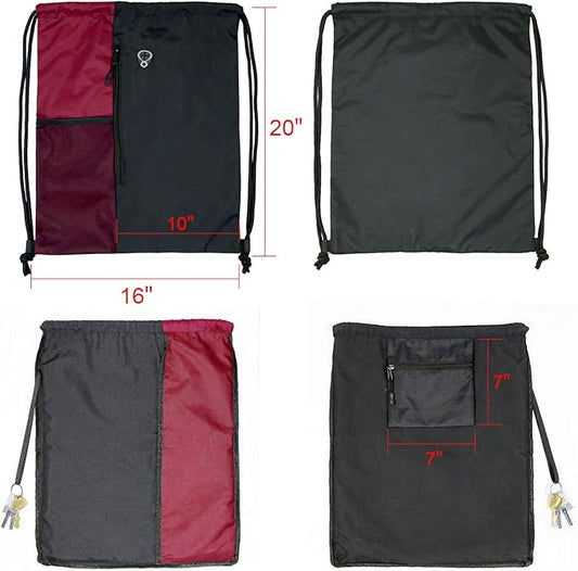 Drawstring Backpack Sports Gym Bag for Women Men Large Size With Two Zipper Pockets and Water Bottle Mesh Pockets