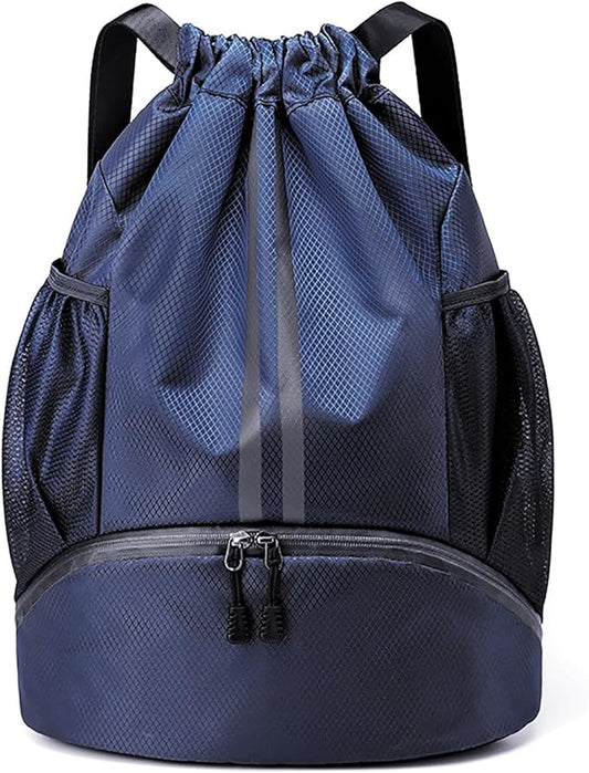 Swim Bag Drawstring Backpack with Wet Pocket Shoe Warehouse String Bag Sackpack for Beach Swimming Pool Gym Sports (Navy)