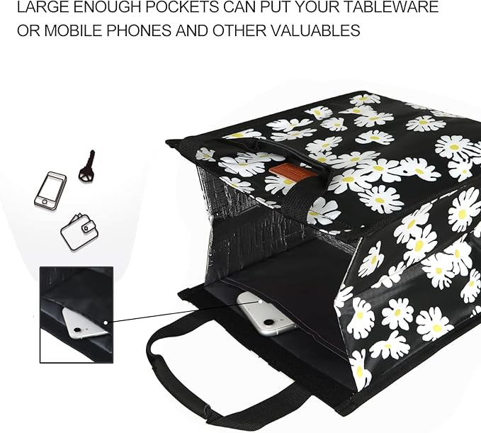 Lunch Bags for Women Insulated Reusable Lunch Tote with Internal Pocket, Lunch Tote bag for Work（Daisy）