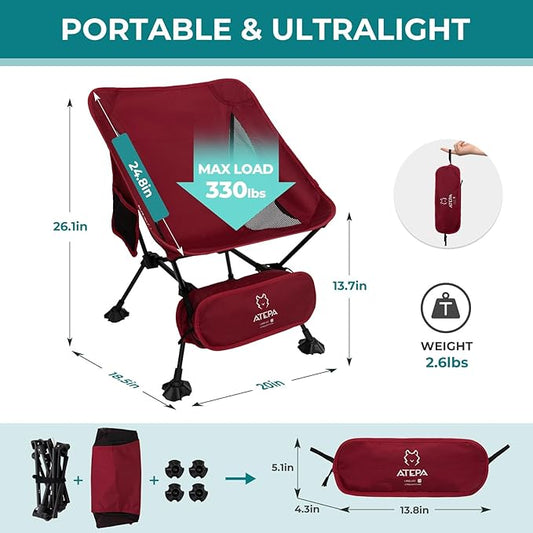 ATEPA Backpacking Chair, Ultralight Folding Portable Small Camping Chairs for Adults Compact Foldable Beach Seat with Anti-Sinking Feet & Aluminum Frame for Outdoor Hiking Travel Fishing