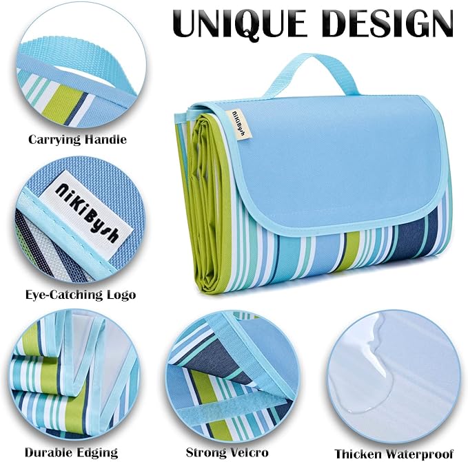 Picnic Blanket Waterproof Washable Foldable 58''x79'',Extra Large Picnic Mat, Dual Layers for Outdoor Water-Resistant Handy Mat, Beach, Intdoor,Camping on Grass - Blue Stripes