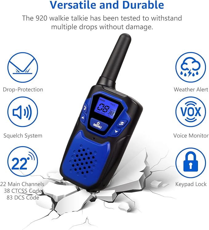 Walkie Talkies Rechargeable, 4 Pack Easy to Use Long Range Walky Talky for Adult Handheld Two Way Radio with NOAA for Hiking Camping (2Blue & 2Silver with Micro-USB Charger/Battery/Lanyard)