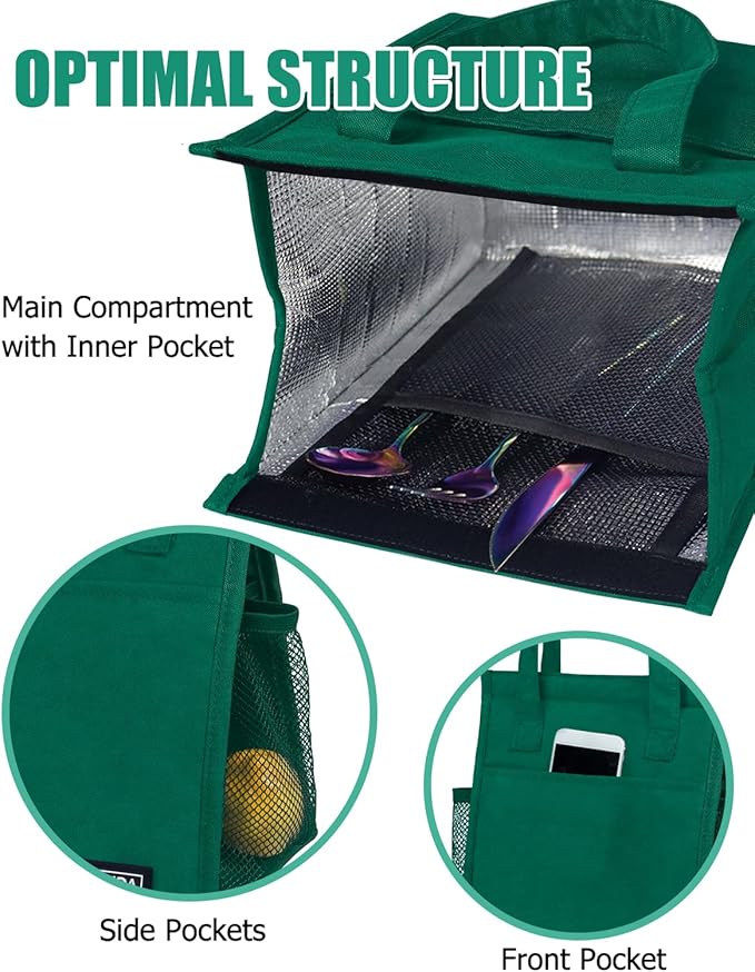 Fmeida Insulated Lunch Bag Women, 6.75L Small Lunch Bags with Multiple Pockets, Reusable Thermal Cooler Tote for Work, Office, Picnic, Travel | Hook and Loop Closure, Dark Green