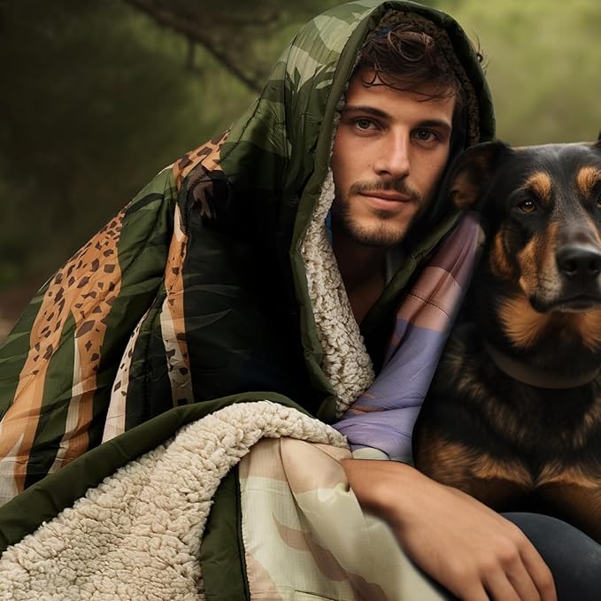 Outdoor Camping Blanket with Sherpa Lining, Extra Warm Thick Camp Blankets & Puffy Ultralight Soft Poncho DWR Camping Quilt for Cold Weather, Adventure,Sleeping,Backpacking 78"x 56"