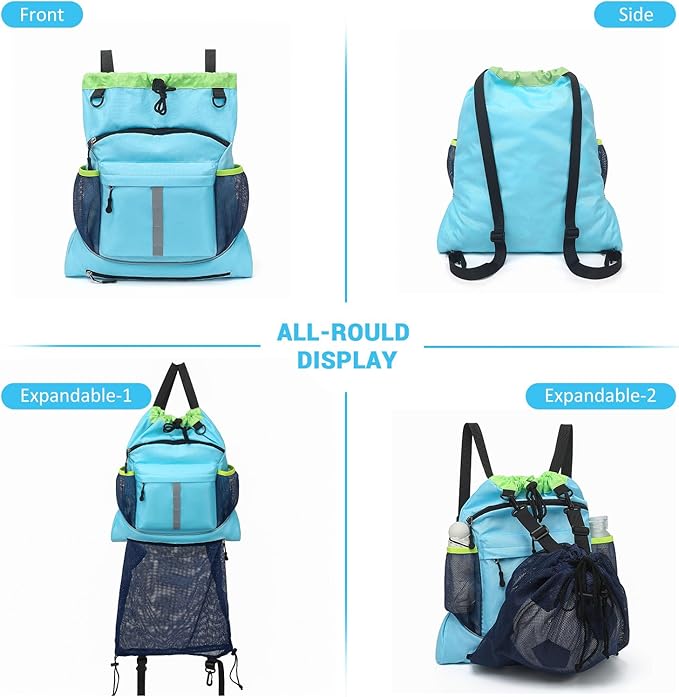 Drawstring Backpack, Waterproof Sandproof Beach Backpack for Sport Gear Small Gym Bag with Hidden Ball Net Pocket and Seperated Wet Pocket Draw String Back Bag for Women Men, Blue