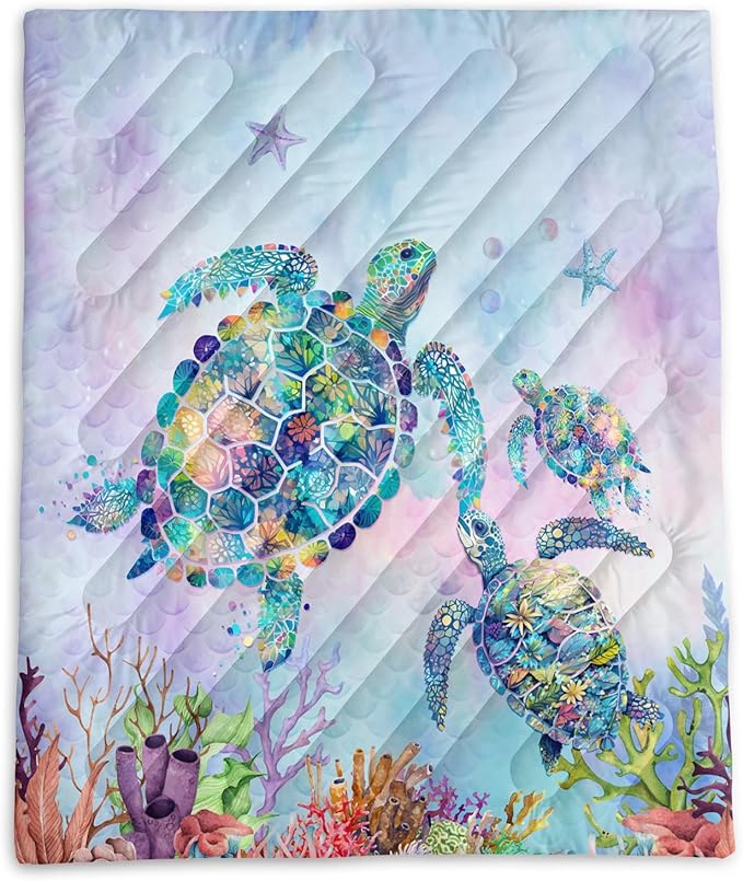 Axolotl Colorful Turtle Printed Camping Blanket,Rainbow Mermaid Scales Travel Blanket,Coral Starfish Lightweight Packable Outdoor Blanket,Ocean Animal Backpacking for Camping,sleeping,Hiking,Picnic