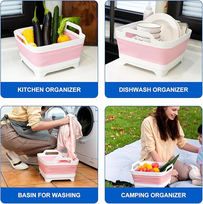 Collapsible Dish Basin Foldable Kitchen Sink With Drain Plug Plastic Laundry Tub 9L/2.4Gal RV & Camping Wash Basin Space-Saving Bottle Washing Sink (Pink)