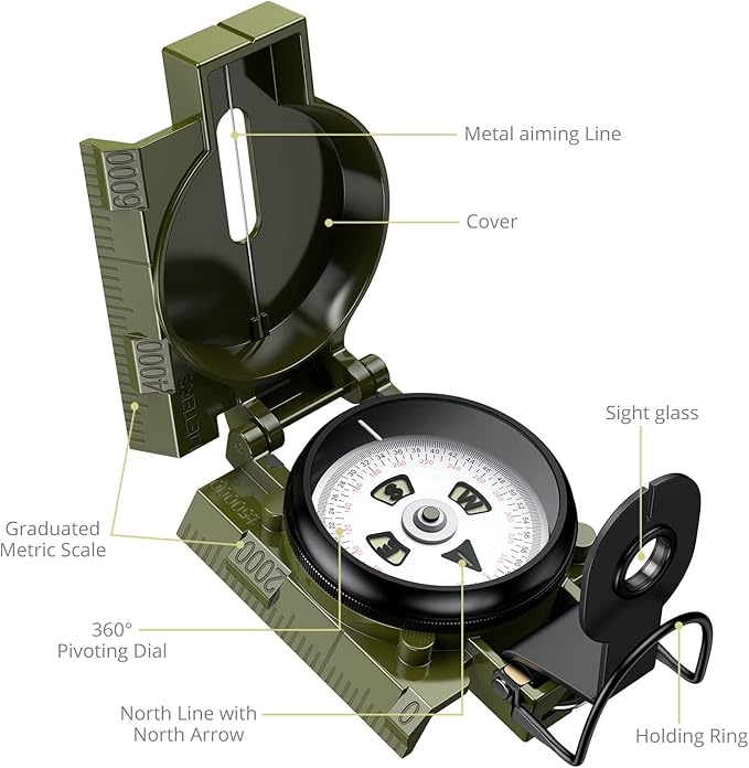 Compass Hiking with Clinometer, Strong Magnetic Intensity 3000 Gauss Professional Military Compass Waterproof Lensatic with Carry Bag, for Navigation Hiking Camping Hunting