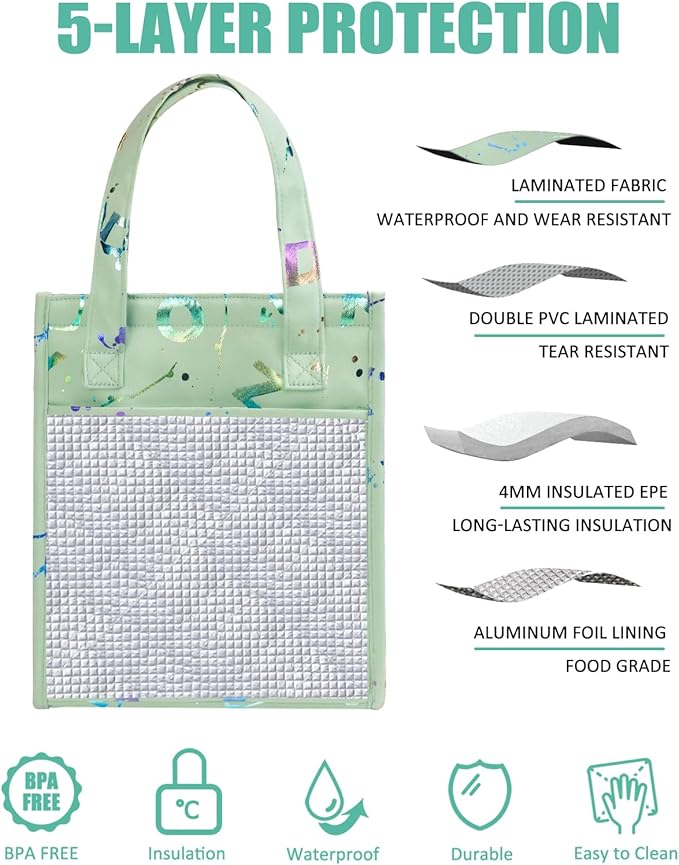 Fmeida Insulated Lunch Bag Women, 6.75L Small Lunch Tote Bags, Waterproof Thermal Cooler Lunch Bag, Reusable Lunch Box with Front Side Interior Pockets, Colorful Letters
