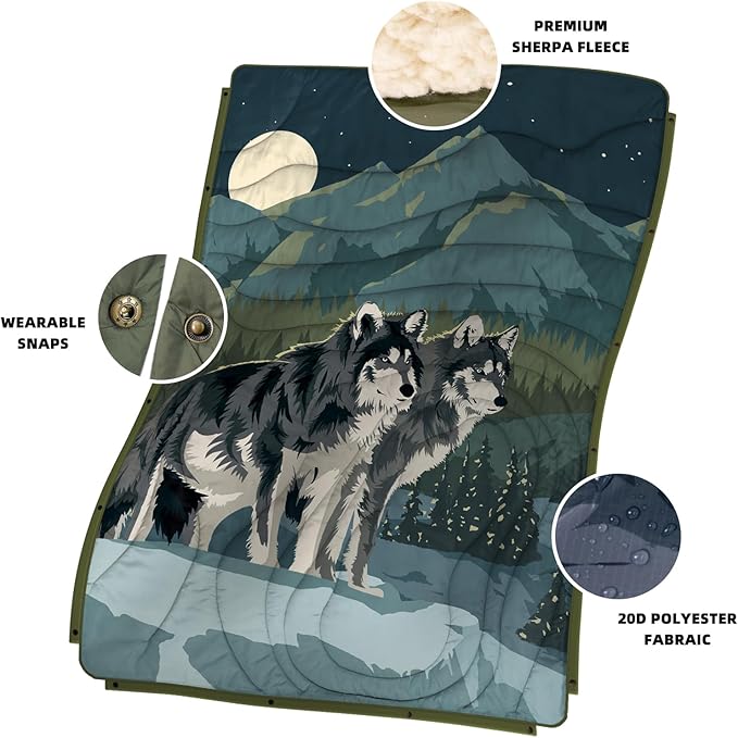 Outdoor Camping Blanket with Sherpa Lining, Extra Warm Thick Camp Blankets & Puffy Ultralight Soft Poncho DWR Camping Quilt for Cold Weather, Adventure,Sleeping,Backpacking 56"x 40"