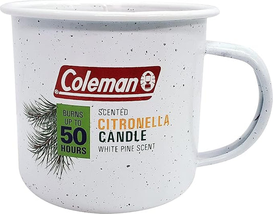 Coleman Scented Outdoor Citronella Candle in Tin Mug, Pine Scented Rustic Outdoor Camping Candle, Up to 50h Burn Time