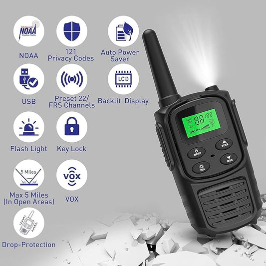 Rechargeable Walkie Talkies,Fvamom Walkies Talkies for Adults with 22 Channels,Long Range Walkie Talkies with NOAA Weather Channels,VOX LCD Display LED Flashlight (Black)