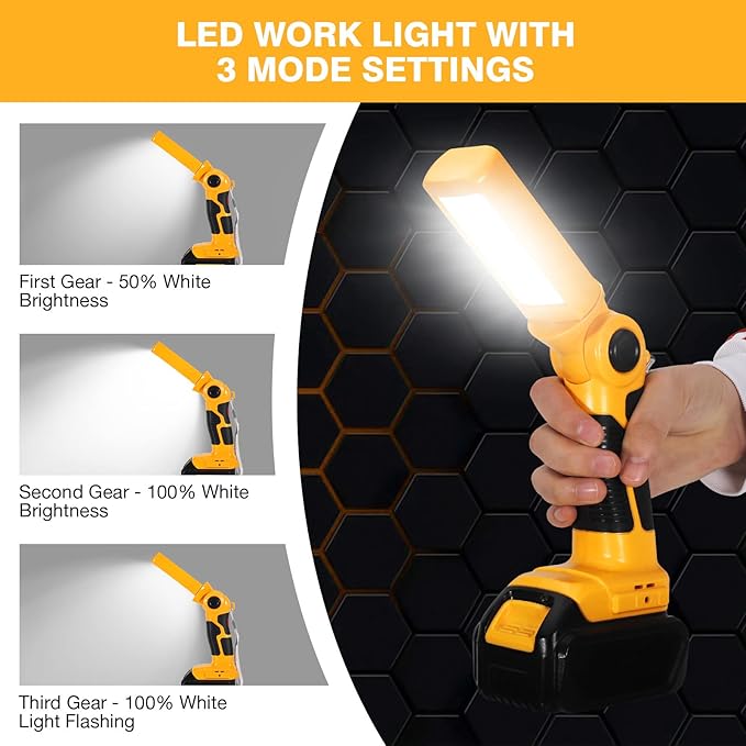 YEX-BUR for Dewalt 20v Led Work Light, 12W 1000LM Cordless Handheld Spotlight with USB Port LED Jobsite Light Desk Lamp Powered by Dewalt 20v Lithium Ion Batteries