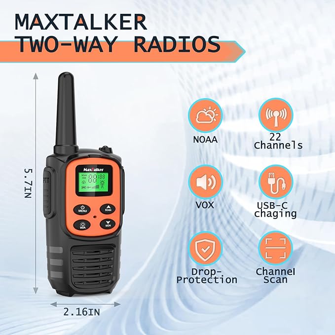 Walkie Talkies for Adults 2 Pack Long Range Rechargeable 2 Way Radios, Hiking Accessories Camping Gear Xmas Gift for Kids with 22 FRS Channel Radios, Lamp,VOX,Li-ion Battery,NOAA