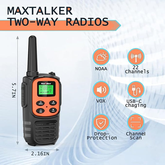 Walkie Talkies for Adults 2 Pack Long Range Rechargeable 2 Way Radios, Hiking Accessories Camping Gear Xmas Gift for Kids with 22 FRS Channel Radios, Lamp,VOX,Li-ion Battery,NOAA