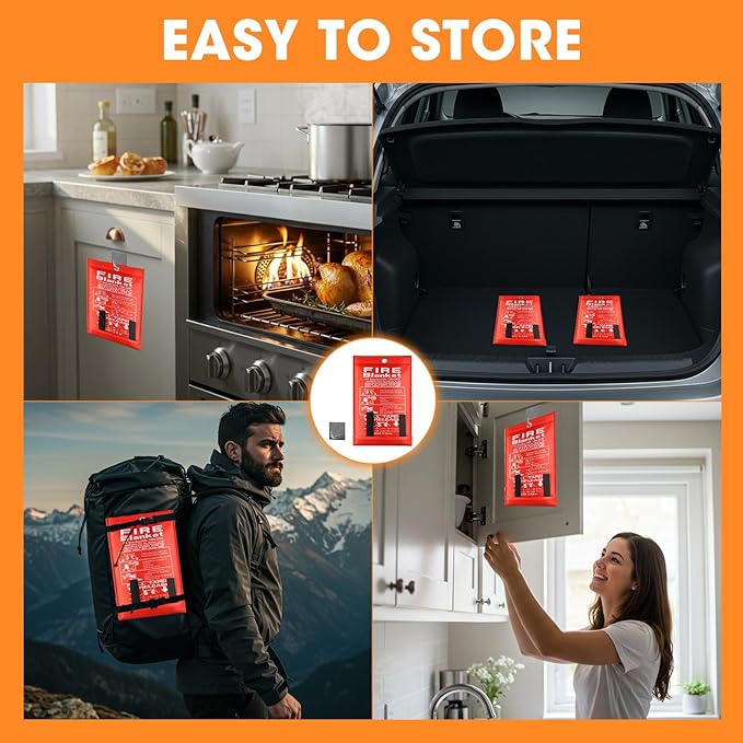 Emergency Fire Blanket, 40"x40" Fiberglass Suppression Fire Retardant Blankets for Home, Kitchen, Camping, Grill, Car, Office, Warehouse with Hooks(6 Pack)