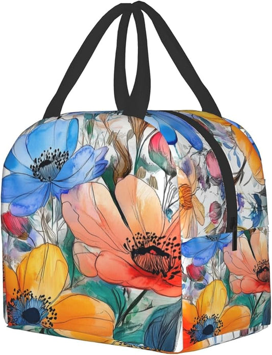 Watercolor Floral Insulated Lunch Box for Women Men， Colorful Leaf Flowers Reusable Lunch Tote Bags Thermal Cooler Lunch Bags for Office School Picnic Hiking