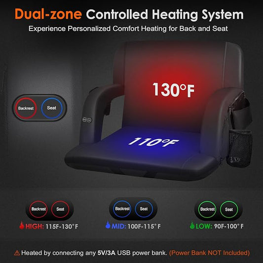 HOPERAN 2pcs Dual-Sided Heated Stadium Seats for Bleachers with Back Support, 3 Levels Heating Stadium Seating for Bleachers Seat with Backrest, 5 Pockets Portable Stadium Chair for Outdoor