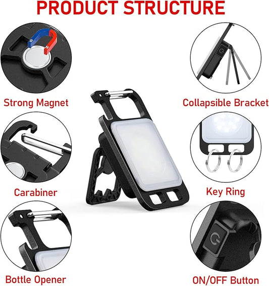 Mini Flashlight Keychain, 1000 Lumens Super Bright COB Keychain Light, 4 Modes USB C Pocket Flashlight with Blue Red lens, Small Magnetic Work Light with Folding Bracket for Night Walking Work