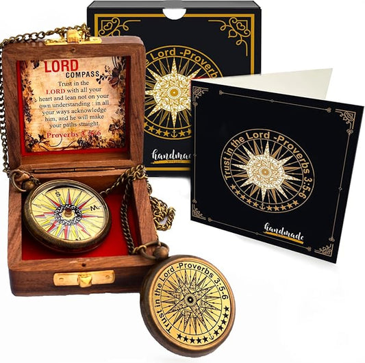 Trust in The Lord with All Your Heart -Proverbs 3: 5-6 Quote Engraved Compass with Wooden Box, Birthday, Baptism, Communion, Christmas, Graduation Day Gifts 2025 Compass for Women Mens Boy Girls