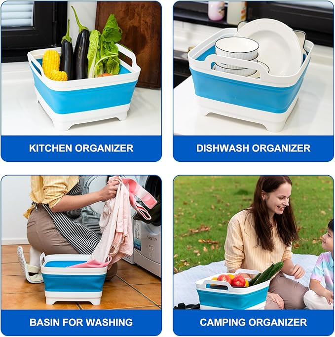 Collapsible Dish Basin Foldable Kitchen Sink With Drain Plug Plastic Laundry Tub 9L/2.4Gal RV & Camping Wash Basin Space-Saving Bottle Washing Sink(Blue)