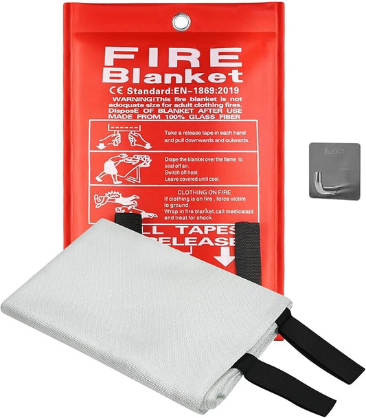 Emergency Fire Blanket, 40"x40" Fiberglass Suppression Fire Retardant Blankets for Home, Kitchen, Camping, Grill, Car, Office, Warehouse with Hooks(1 Pack)