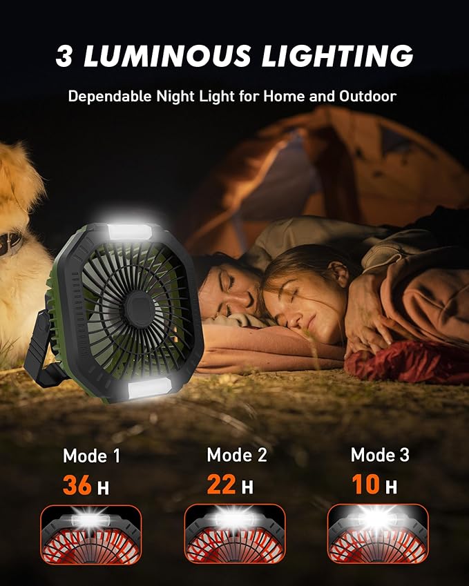 Portable Camping Fan with LED Light, 7800mAh Rechargeable Battery Operated Fan Lantern with Hook & Remote, USB Fan for Tent RV Hurricane Outages Emergency