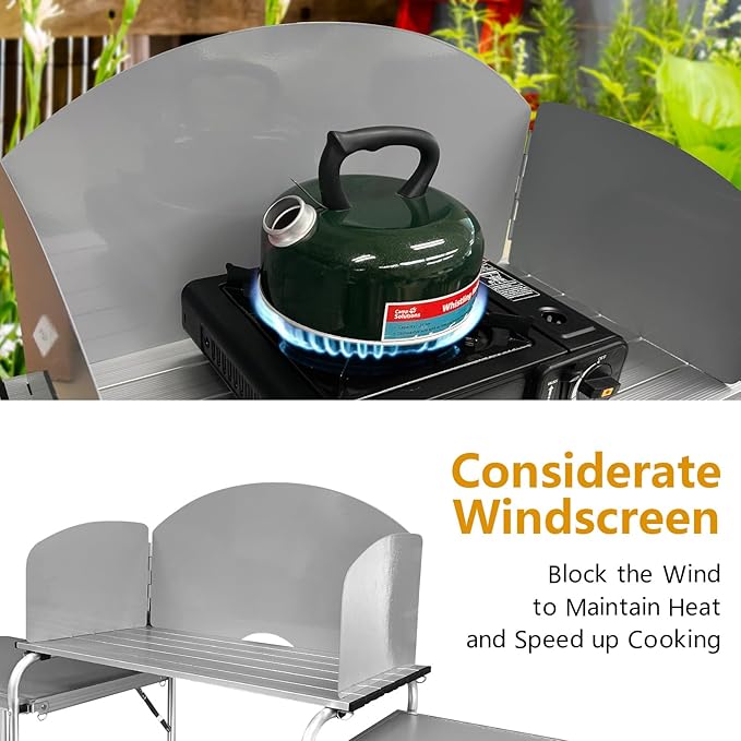 Camping Kitchen Table, Portable Aluminum Outdoor Cooking Station with 2 Storage Cupboards & Carrying Bag, Outdoor Cooking Table for BBQ Beach RV Traveling Picnic (Silver)