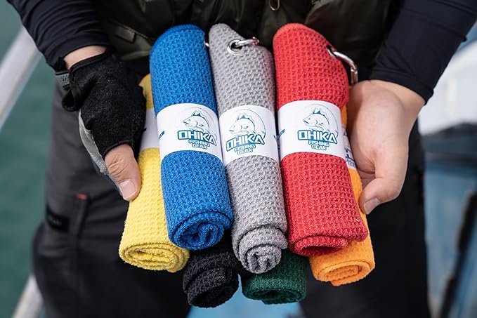 Microfiber Fishing Towels with Clip, Waffle Pattern for Effective Cleaning of Fishing Gears or Dirty Hands, 16” x 16”, Camping Towels, Hiking Towels, Pack of 3 (Red)