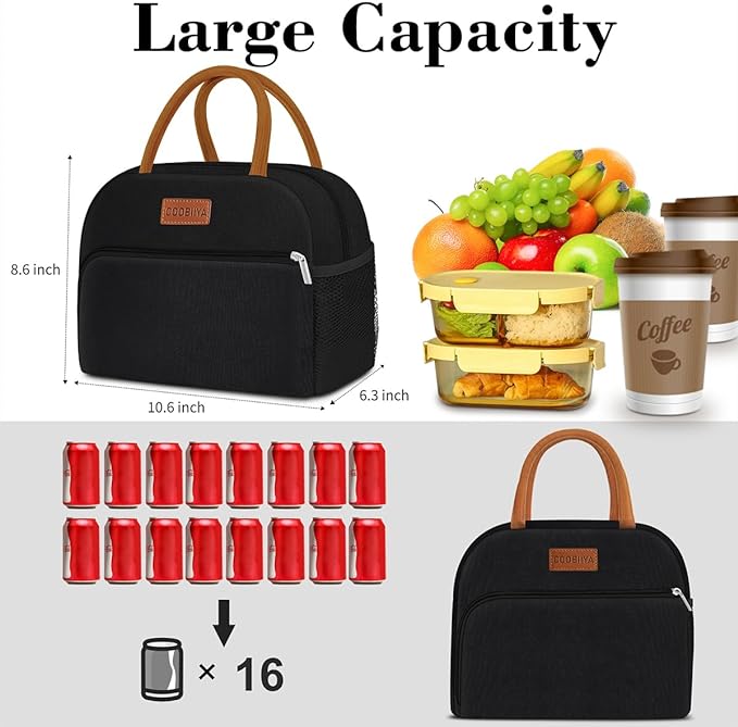 Coobiiya Lunch Box Lunch Bag for Women Adults Men, Reusable Cute Lunch Pail bag - Leakproof, Insulated Lunch Box Tote with Large Capacity, Cooler Lunch Container for Work/Travel/Office (Black)