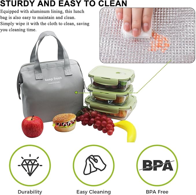 Mziart Insulated Lunch Bag Simple Bento Cooler Bag Lunch Tote Bag for Lunch Box for Women Men Adult Picnic Working Hiking Beach (Grey)