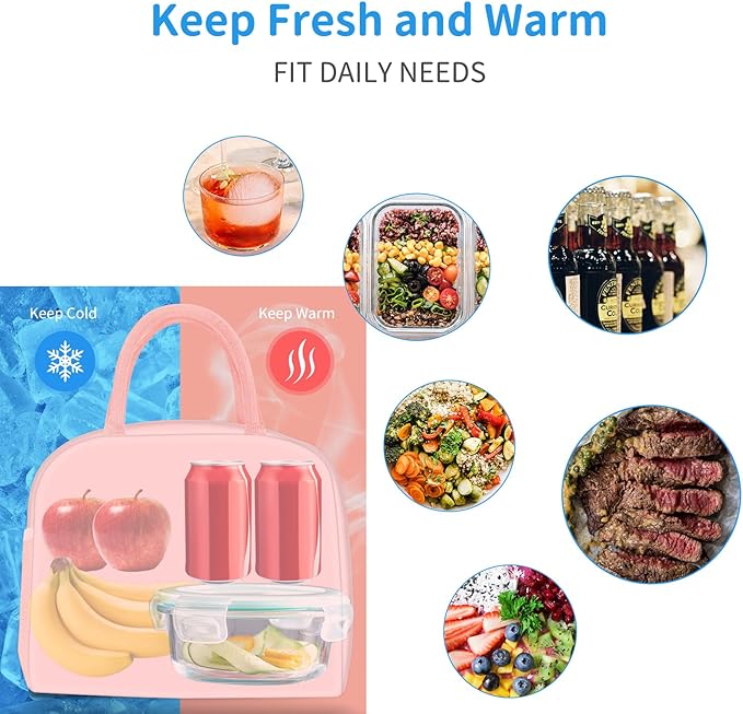 Lunch Bag Lunch Box for Women Men Reusable Insulated Lunch Bags for Adults,Leakproof Cute Cooler Lunch Tote Bag,Large Capacity for Work Travel Picnic, PINK