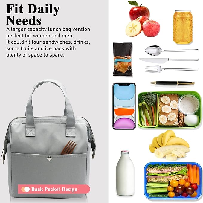 Mziart Insulated Lunch Bag Simple Bento Cooler Bag Lunch Tote Bag for Lunch Box for Women Men Adult Picnic Working Hiking Beach (Grey)