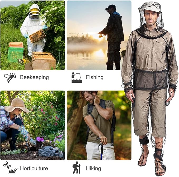 LIXADA Mesh Suit Set with Jacket Hood, Mitts, Socks & Storage Sack - Ultra-fine Net Mesh Clothing for Fishing Hiking Camping