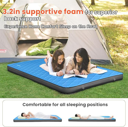 3.2" Ultra Thick Self Inflating Sleeping Pad, Fast Inflating Camping Mattress with Memory Foam, Camping Mat with Pillow & Pump Sack, 4 Season Insulated Sleeping Pad for Camping, Tent
