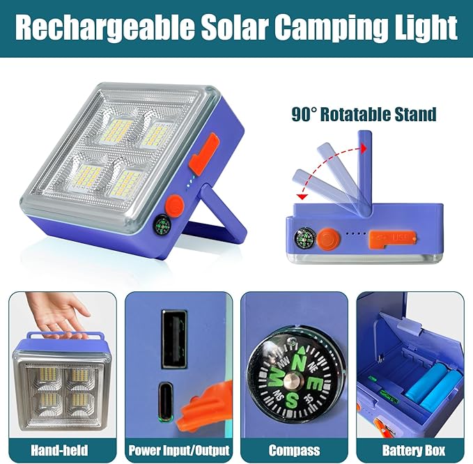 Solar Work Lights 4800mAh 4 Light Modes 10000 Lumen Waterproof USB Power Outages Solar Camping Lights with Hanging Clips for Outdoor Hiking Emergency Hurricane Car Repairing