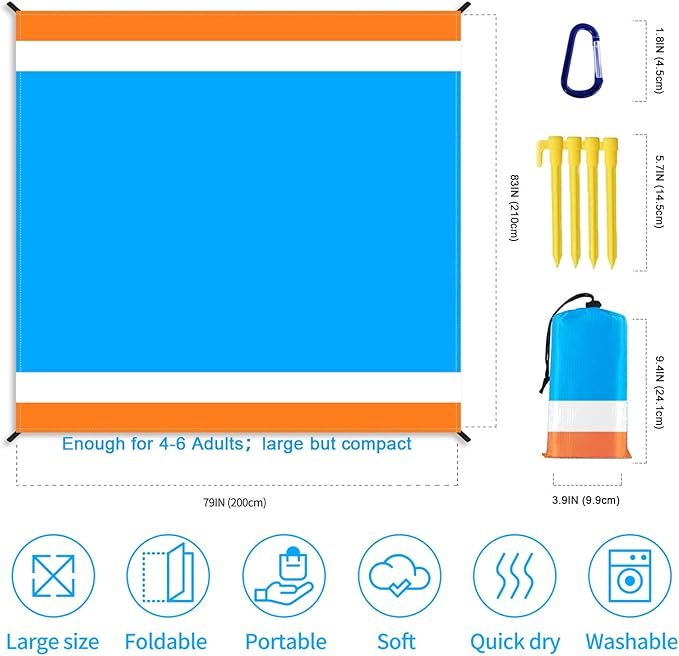 Beach Blanket, Waterproof Sandproof Beach Mat Oversized 79 X 83 Inch for 4-6 Adults, Lightweight Picnic Blanket, Portable Picnic Mat for Outdoor Travel Camping Hiking with 4 Stakes & 4 Corner Pocket
