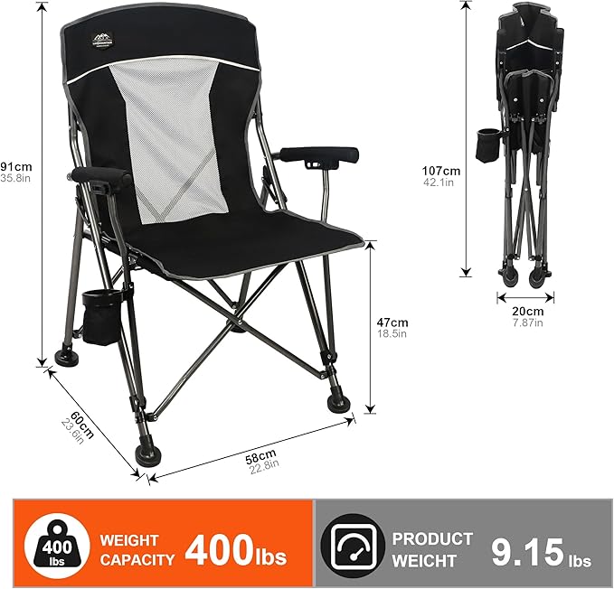 Camping Chair with Padded Hard Armrest,Cup Holder,Heavy Duty for Adults,Mesh Backrest,Portable Lawn Lightweight Outdoor Camp Chair,Support up to 400lbs