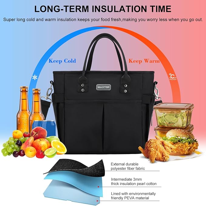 MAXTOP Lunch Bag Women for Work Insulated Thermal Lunch Box for Men with Wide-Open Pocket Reusable Leakproof Cooler Bags with Removable Shoulder Strap for Teacher Nurse Office Picnic Travel Black